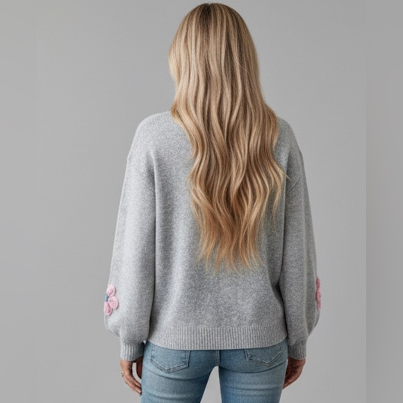 Floral Decor Round Neck Long Sleeve Sweater Grey - Picture 4 of 10
